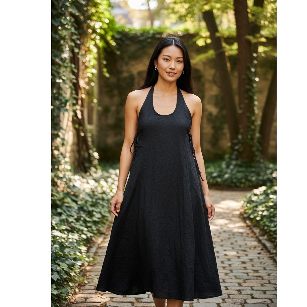 DISSH The Audrey‎ SZ 2 Black Linen Halter Midi Dress Side Tie Open Back